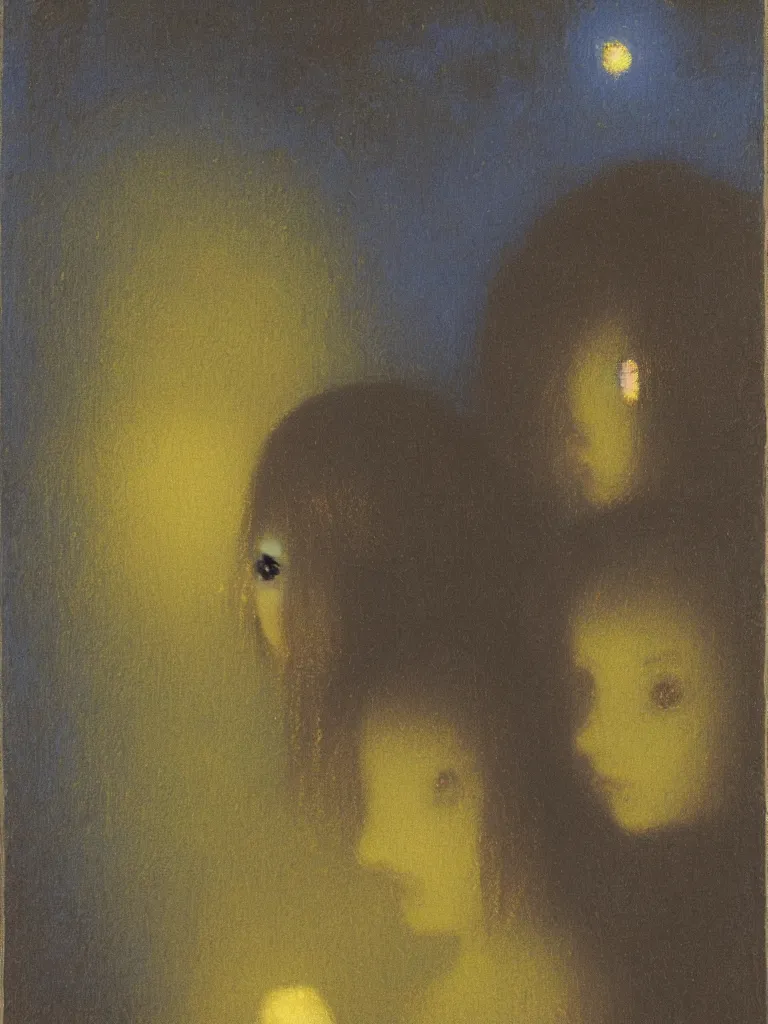 Prompt: backlit portrait of 2 kids at night, by odilon redon, high definition, intricate details, atmospheric, vegetation, small town
