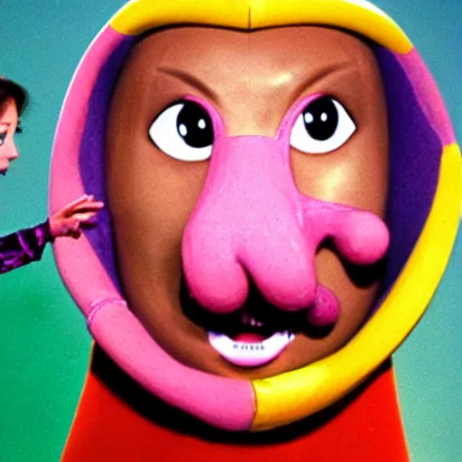 Image similar to children's tv show about a woman with a nostril face, long snout, wacky live-action children's television show, 1974, technicolor