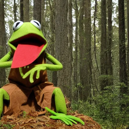 Prompt: kermit the frog as a holy sacred god on acid in the woods by john chamberlain