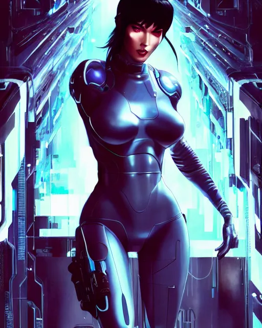 Prompt: still portrait photo of megan fox as the major ghost in the shell as cyborg woman by pixar, by weta, wlop, ilya kuvshinov, rossdraws, artgerm, maxim cover, latex, sweaty, iridescent, bright morning, anime, liosh, mucha