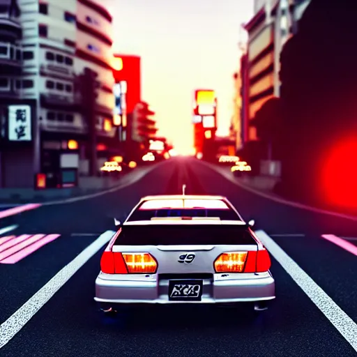 Prompt: a car drifting JZX100 in middle of road, shibuya prefecture, city sunset, cinematic color, photorealistic, highly detailed, bokeh, DOF, octane render