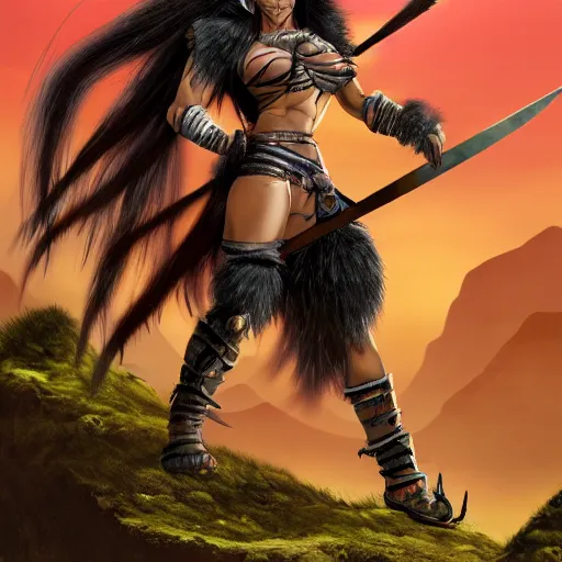 Image similar to barbarian warrior woman with chimera cat tail, cat tail, furry tail, barbarian pelt, cavewoman, black hair, electrified hair, wild spiky black saiyan hair, surrounded by electrical aura, prowling around primeval jungle, palm trees, rocks, mountains, red sky, hyperdetailed, ultra high definition, realism, 4 k, frank frazetta