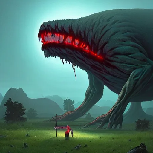 Image similar to giant creature lurking over a cowering smaller creature, epic science fiction horror by Simon Stalenhag and Mark Brooks, extremely detailed