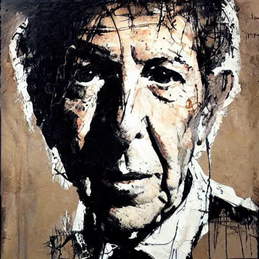 Prompt: portrait of leonard cohen by guy denning, jeremy mann