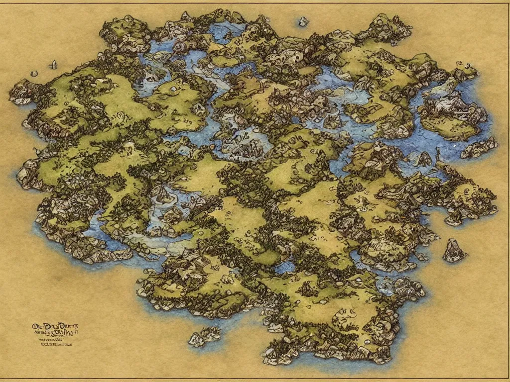 Image similar to an isometric fantasy map, the land of Odrua, uncluttered, bordered by ocean, continent with mountains lakes hills and cities, by brian froud by jrr tolkien in the dungeons and dragons and disney styles