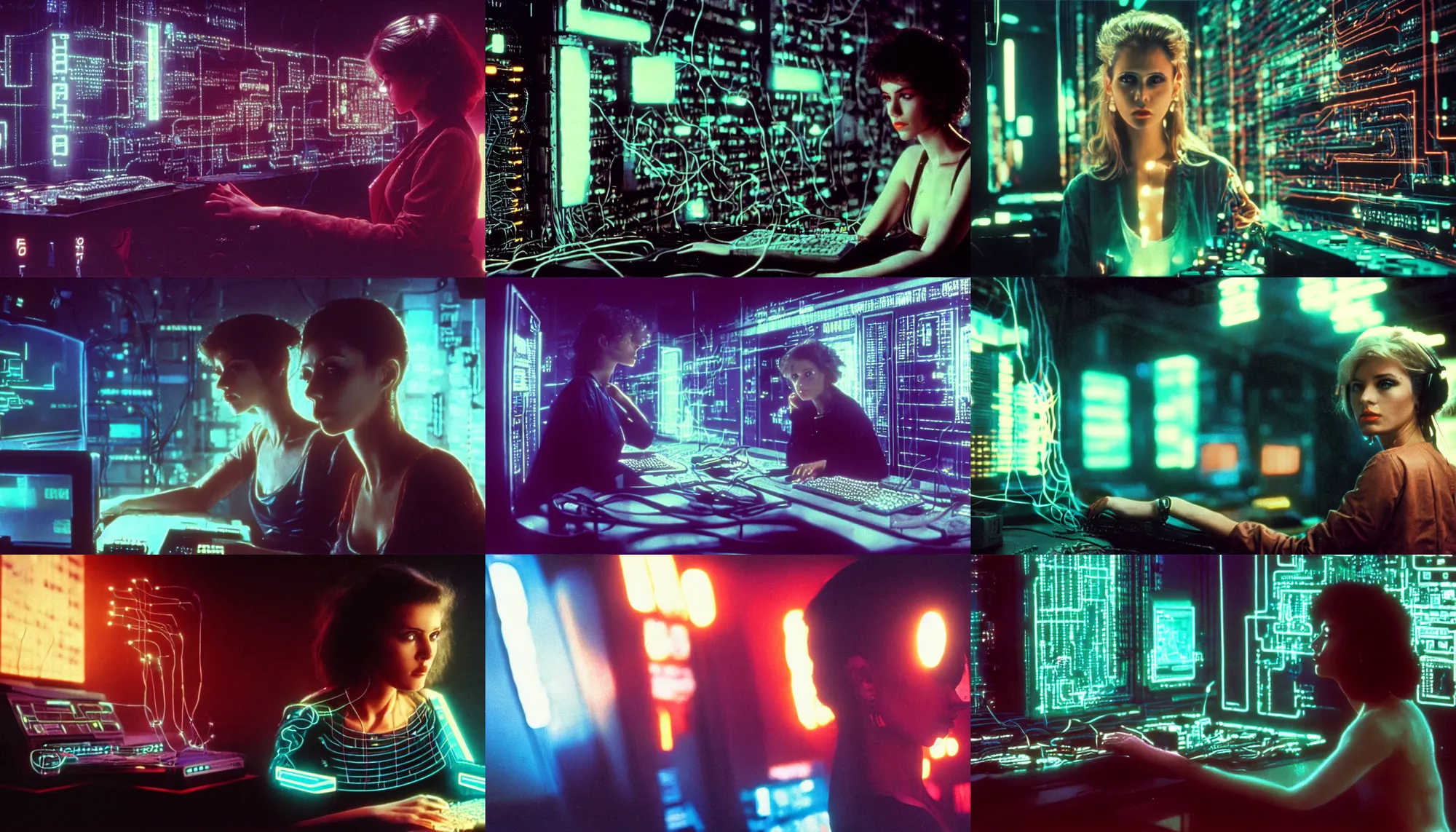 Prompt: 1 9 8 0 s movie still of a beautiful female neuromancer, brain connected to computer, wires, computers, circuits, cinestill 8 0 0 t 3 5 mm, high quality, heavy grain, neon, cyberpunk, shadowrun, dirty, high detail, panoramic, cinematic composition, dramatic light, ultra wide lens, anamorphic, flares