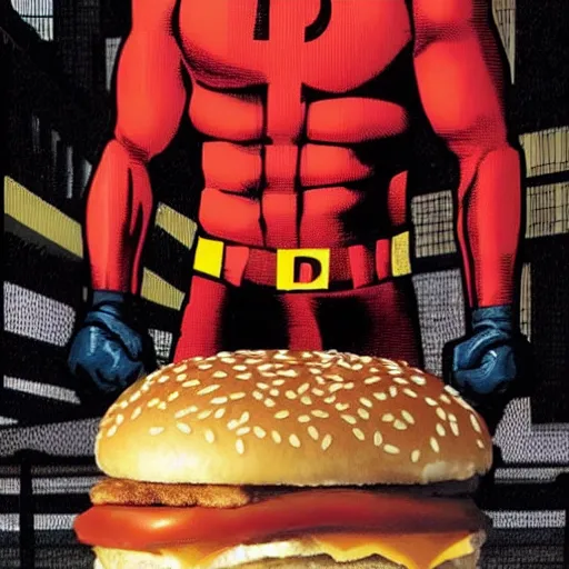 Image similar to daredevil eating mcdonalds