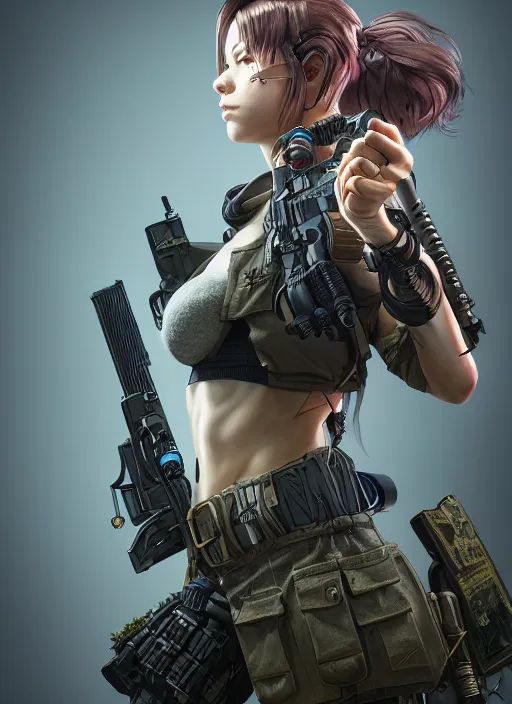 Image similar to the portrait of lawful neutral female cyberpunk marine sniper as absurdly beautiful, gorgeous, elegant, young gravure idol, an ultrafine hyperdetailed illustration by kim jung gi, irakli nadar, intricate linework, bright colors, octopath traveler, final fantasy, unreal engine 5 highly rendered, global illumination, radiant light, detailed and intricate environment