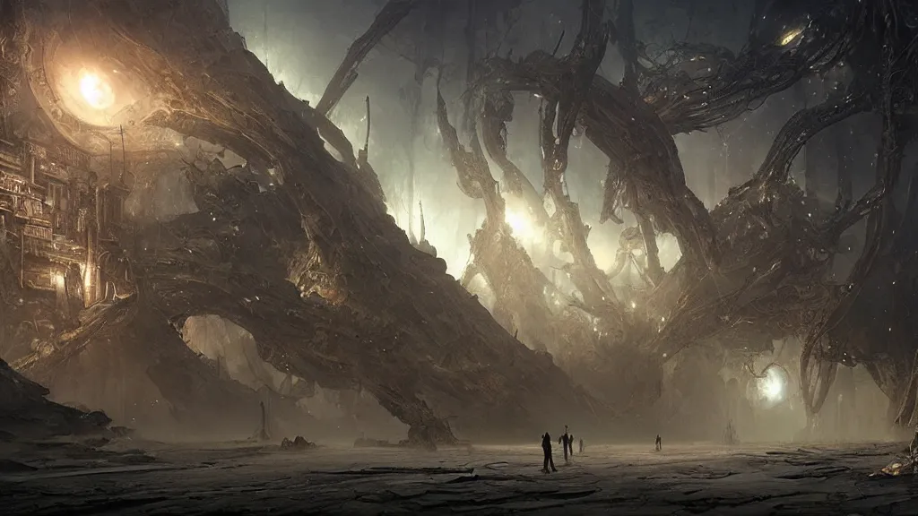 Image similar to eerie atmospheric alien lifeforms by yoann lossel and stephan martiniere, cinematic matte painting