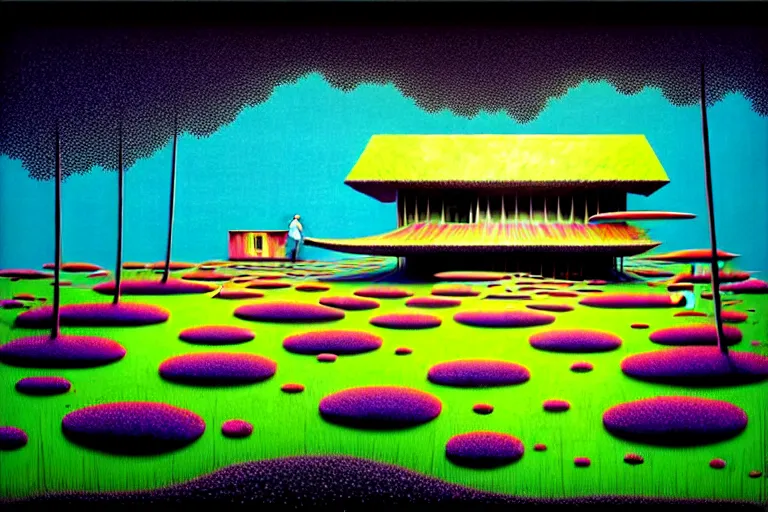 Image similar to surreal glimpse into other universe, house by kengo kuma, summer morning, very coherent and colorful high contrast, art by!!!! gediminas pranckevicius!!!!, geof darrow, floralpunk screen printing woodblock, dark shadows, hard lighting, stipple brush technique,