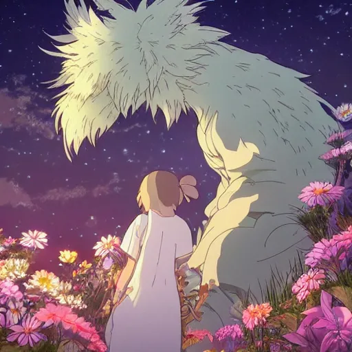 Prompt: spirit creature in the flowers at night made by studio ghibli, beautiful scene, detailed, high quality, high details, smooth, 8 k, fantasy,