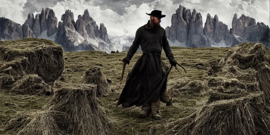 Image similar to alpine farmer transforming into a monster ,roots and hay coat, dolomites in background, dark, eerie, despair, portrait photography, artstation, digital art, concept art, artstation, highly detailed, sharp focus, by caravaggio