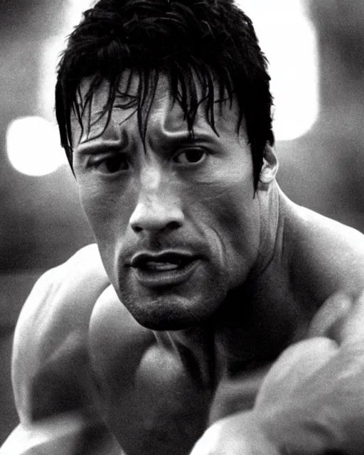 Image similar to Film still close-up shot of Dwayne Johnson as Rocky Balboa from the movie Rocky. Photographic, photography