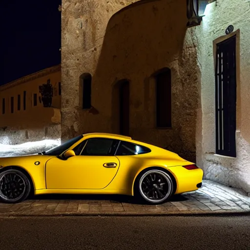 Prompt: Photo of a copper yellow Porsche 911 Carrera 3.2 parked in front of a cafe in Cyprus, night, moonlit, dramatic lighting, award winning, highly detailed