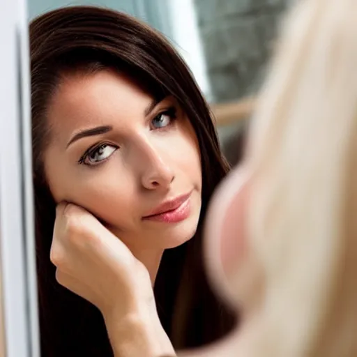 Image similar to a beautiful woman looking at her reflection in the mirror