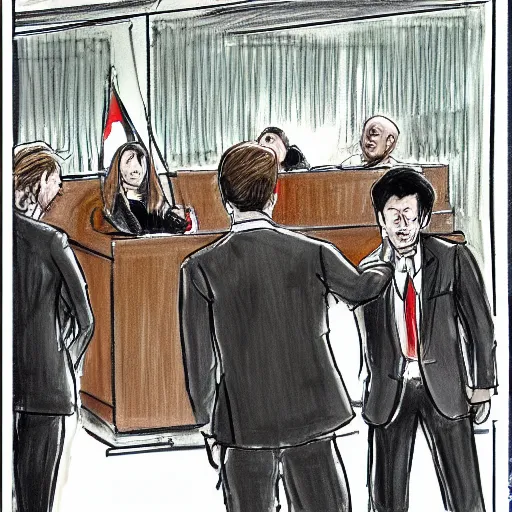 Prompt: Courtroom style sketch of UN members yelling at a cyborg samurai, fear and anger in their eyes, award winning , masterpiece
