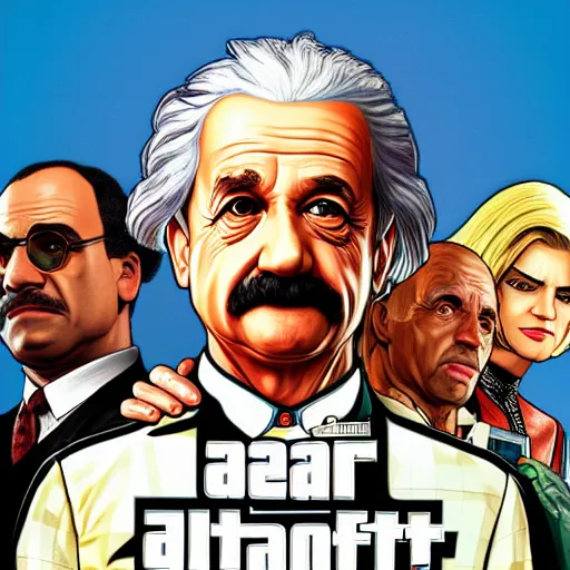 Image similar to illustration gta 5 artwork of albert einstein, in the style of gta 5 loading screen, by stephen bliss