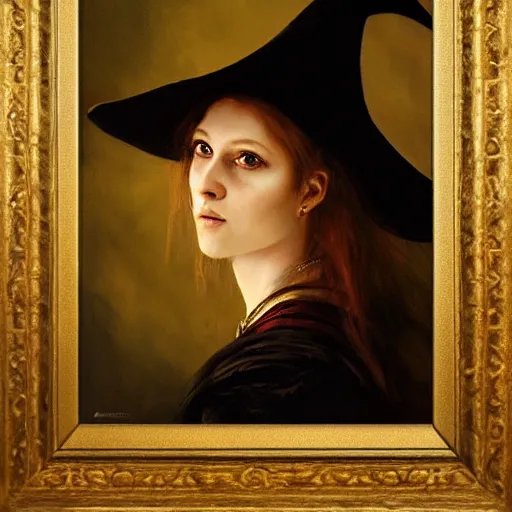 Prompt: high quality oil painting portrait of beautiful female witch by Rembrandt and Raymond Swanland, dark background, high fantasy, perfect lighting