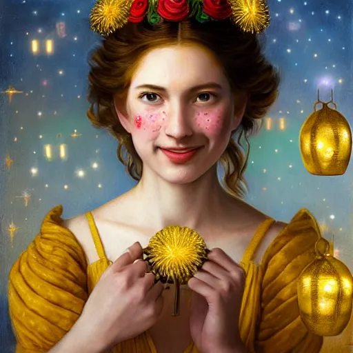 Prompt: a totally amazed smiling pretty supermario surrounded by golden firefly lights in a mesmerizing scene, fully covering intricate detailed bohemian outfit, long loose red hair, precise linework, accurate green eyes, small nose with freckles, beautiful smooth oval head, expressive emotions, hyper realistic ultrafine portrait by artemisia gentileschi, jessica rossier, greg rutkowski, artgerm