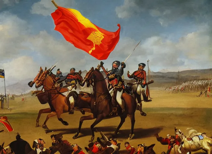 Image similar to a high detail oil painting equestrian image of judge baltasar garzon leading spain and the troops to victory over the moors, raising the spanish flag with his right hand and a sword in his left