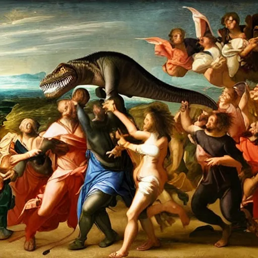 Prompt: a ferocious tyrannosaurus rex, renaissance painting