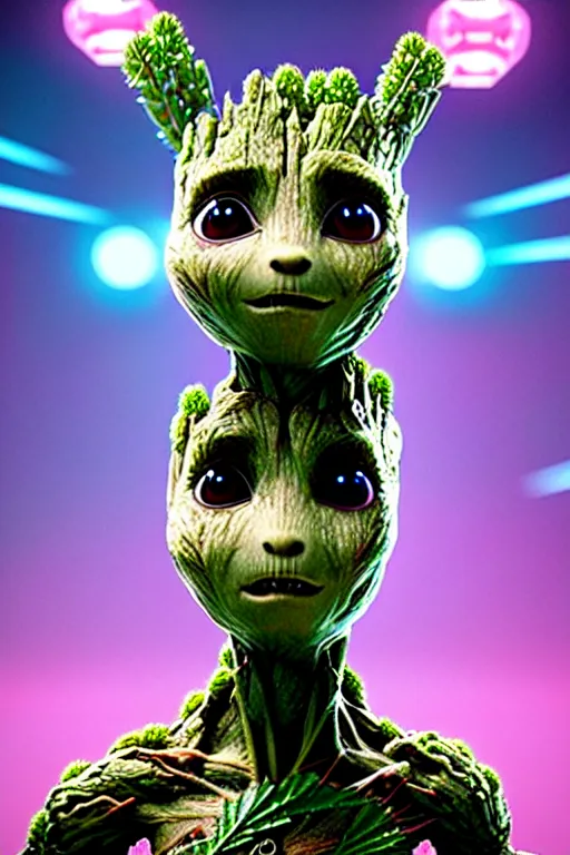 Image similar to high quality 3 d render very cute beautiful creature with a cannabis inflorescence instead of a head, like baby groot! incorporated speakers!, cyberpunk highly detailed, unreal engine cinematic smooth, in the style of blade runner & detective pikachu, hannah yata charlie immer, moody light, low angle, uhd 8 k, sharp focus