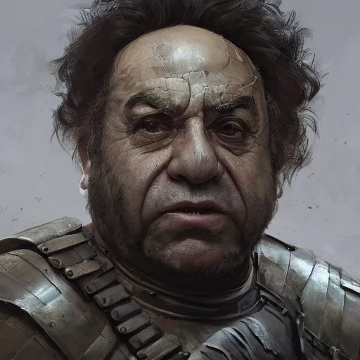 Prompt: a professionally painted portrait of Danny Devito, clothed in ancient battle armor, wrinkled skin, curly black hair, scar across face, intricate, elegant, digital painting, trending on Artstation, concept art, smooth, sharp focus, illustration, from Metal Gear by Ruan Jia and Mandy Jurgens and Artgerm and and william-adolphe bouguerea, award winning