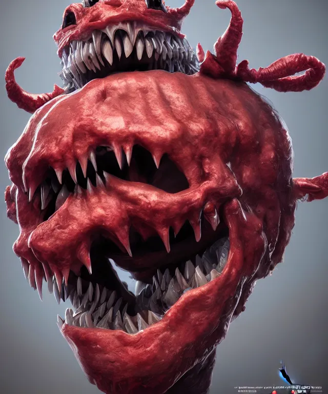 Image similar to a child demon with a grotesque mouth full of teeth, centered composition, crisp 8 k line art, digital painting, artstation, unreal engine, octane render, emissive lighting, concept art, matte, sharp focus, hyper realistic lighting, illustration, art by junto ito and pixar studios