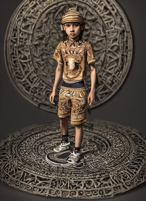 Image similar to a photo - real delicate sculpture of an ornate detailed skateboard boy in front of a intricate background by aj fosik, micro detail, backlit lighting, octane renderer, colorful, physically based rendering, tribal art, trending on cgsociety