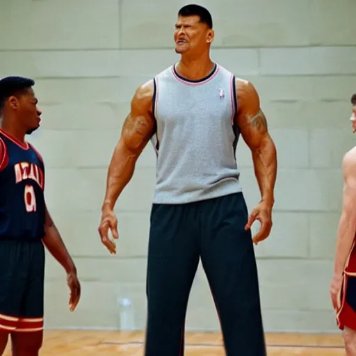 Prompt: dwayne johnson playing yao ming in a biopic film, basketball, wide shot