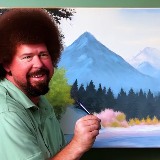 Image similar to a closeup photorealistic photograph of bob ross working on an image of kenny powers autographing a baseball on a canvas. mountains and trees. film still. brightly lit scene. this 4 k hd image is trending on artstation, featured on behance, well - rendered, extra crisp, features intricate detail, epic composition and the style of unreal engine.