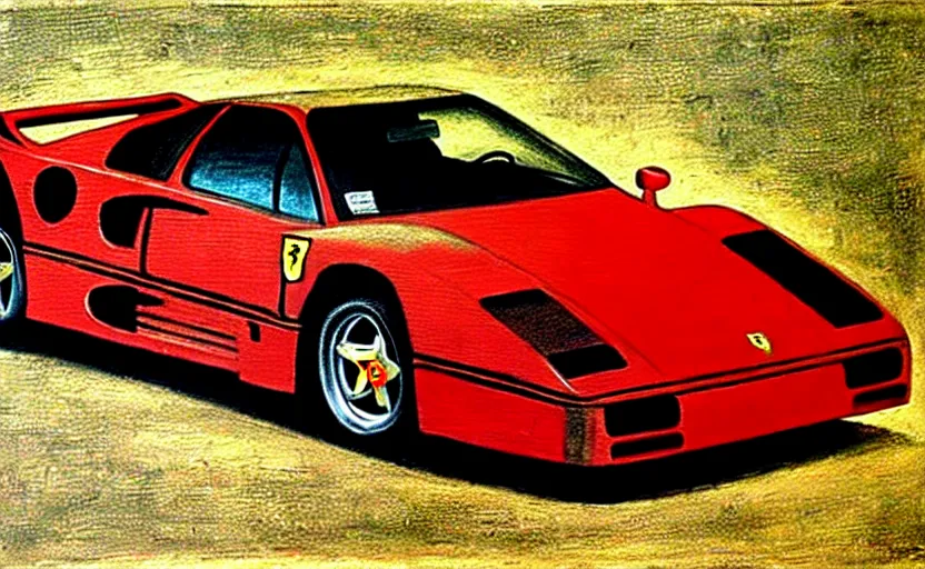 Image similar to Painting of a Ferrari F40, italian High Renaissance art by Leonardo da Vinci