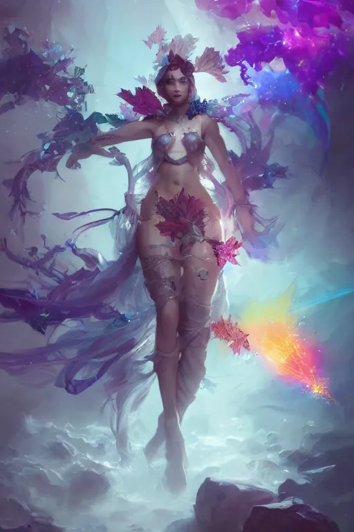 Image similar to beautiful girl necromancer covered with crystals exploding rainbow, 3 d render, hyper realistic detailed portrait, holding magic leaves, ruan jia, wlop. scifi, fantasy, hyper detailed, octane render, concept art, peter mohrbacher