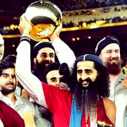 Image similar to photo of osama bin laden lifting larry o'brien trophy