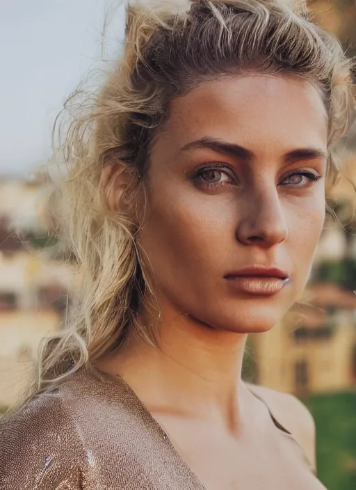 Image similar to photograph of an olive skinned blonde female model in her late twenties, her hair pinned up, wearing a designer top, looking content, focused on her neck, facing the camera, photo realistic, extreme detail skin, natural beauty, no filter, slr, golden hour, 4 k, high definition, selfie