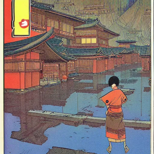 Image similar to 1979 magazine cover depicting a traditional Japanese village. Art in the style of Moebius, cyberpunk, masterpiece