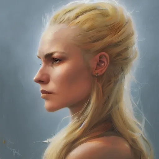 Prompt: A head-on detailed oil portrait of a pretty woman with small curly horns on her forehead, long blonde hair and bright irises, by greg rutkowski, trending on artstation, dungeon and dragons art