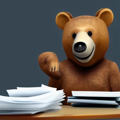 Image similar to bored bear at office, head leaning on paw with elbow on table, piles of paperwork, disney animation style