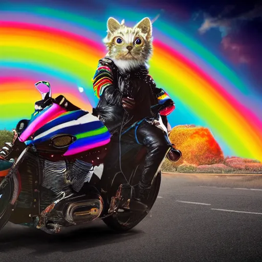 Image similar to wide angle full body, jacket wearing fluffy cute rainbow kitten wearing a black leather motorcycle jacket, riding on a motorcycle, cinematic concept art