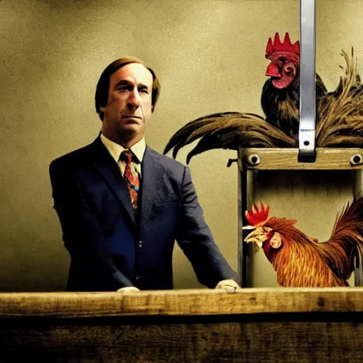 Image similar to saul goodman and a rooster in a saw movie torture chamber, torture devices in the background, saul goodman, rooster, photo