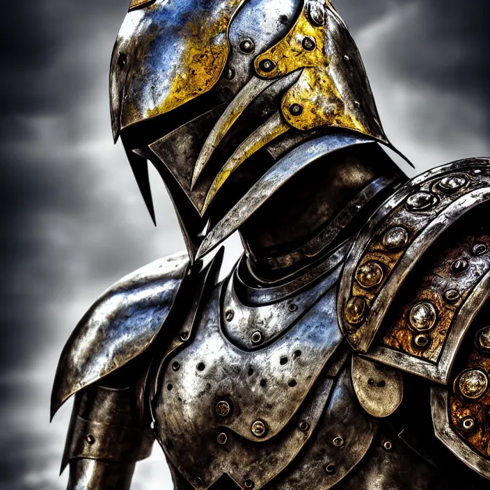 Image similar to digital art of a warrior headless, akephaloi, head in the body, with metal themed fantasy epic armour, highly detailed, hdr, smooth, sharp focus, high resolution, award - winning photo