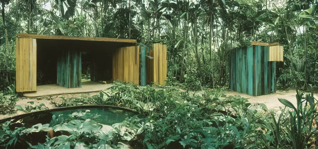 Prompt: shotgun shack designed by dali. outdoor landscaping designed by roberto burle marx. fujinon premista 1 9 - 4 5 mm t 2. 9. portra 8 0 0.