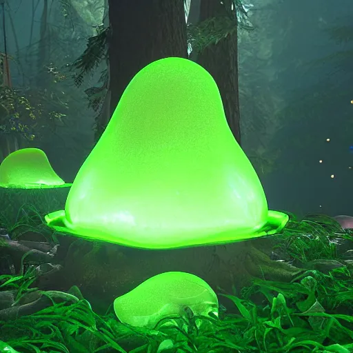 Image similar to a glowing mushroom made of green jello, gelatinous, growing in the forest, unreal engine