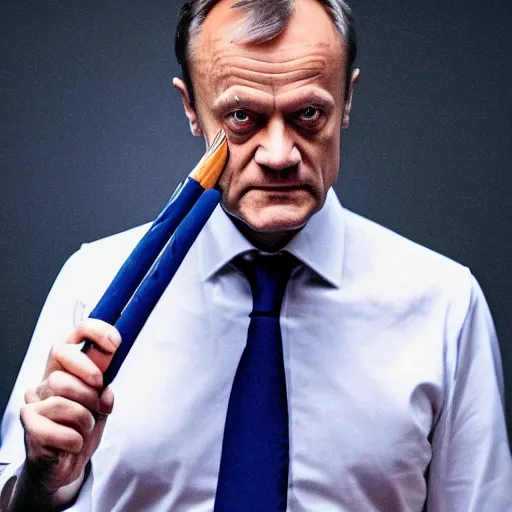 Prompt: donald tusk with wand in hand dressed like harry potter forehead scar magic