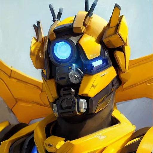 Image similar to greg manchess portrait painting of bumblebee the transformer as overwatch character, medium shot, asymmetrical, profile picture, organic painting, sunny day, matte painting, bold shapes, hard edges, street art, trending on artstation, by huang guangjian, gil elvgren, ruan jia, greg rutkowski, gaston bussiere