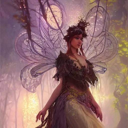 Image similar to ultra realistic illustration of steampunk magical fairy, forest, fantasy, lenses, colorful lights, intricate, elegant, highly detailed, digital painting, artstation, concept art, smooth, sharp focus, illustration, art by artgerm and greg rutkowski and alphonse mucha