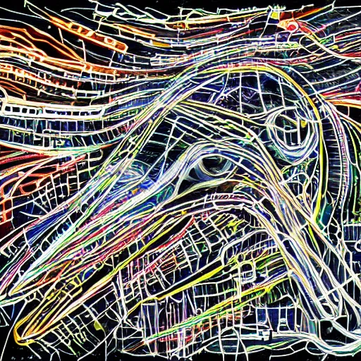 Prompt: synthesizer player made of information networks and wires, intricate, sparks, computer breakdown, crash, digital, pen and ink, fine lines, digital glitch, smeared colored paint, dripping, oil spray