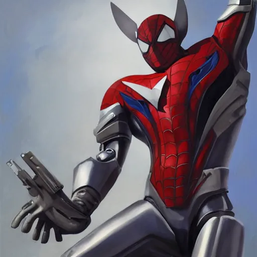 Image similar to greg manchess portrait painting of armored spiderman ultraman grey fox from metal gear cyborg gay japanese - american hybrid as overwatch character, medium shot, asymmetrical, profile picture, organic painting, sunny day, matte painting, bold shapes, hard edges, street art, trending on artstation, by huang guangjian and ail elvgren and sachin teng