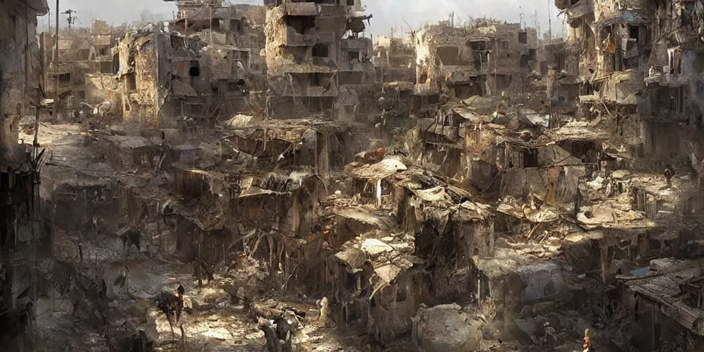 Image similar to hyper realistic, beautiful syrian slums village, concept art, for modern warfare, painted by greg rutkowski, highly detailed,