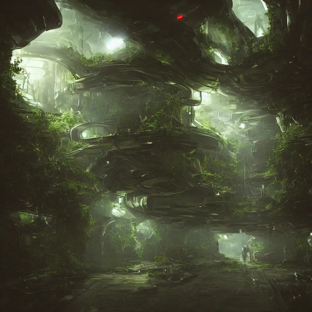 Image similar to science fiction spaceship corridor colorful alien strange plants vegetation infestation, gloomy unreal engine, cinematic lighting